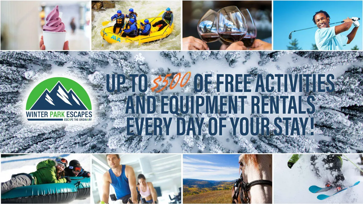 A collage-style scene showcasing various adventure activities: a family in a raft navigating white-water rapids, skiers gliding down snowy slopes, horseback riders traversing scenic trails, golfers on a green, and social moments like enjoying wine and ice cream. The composition brings together both winter and summer experiences in the mountains.