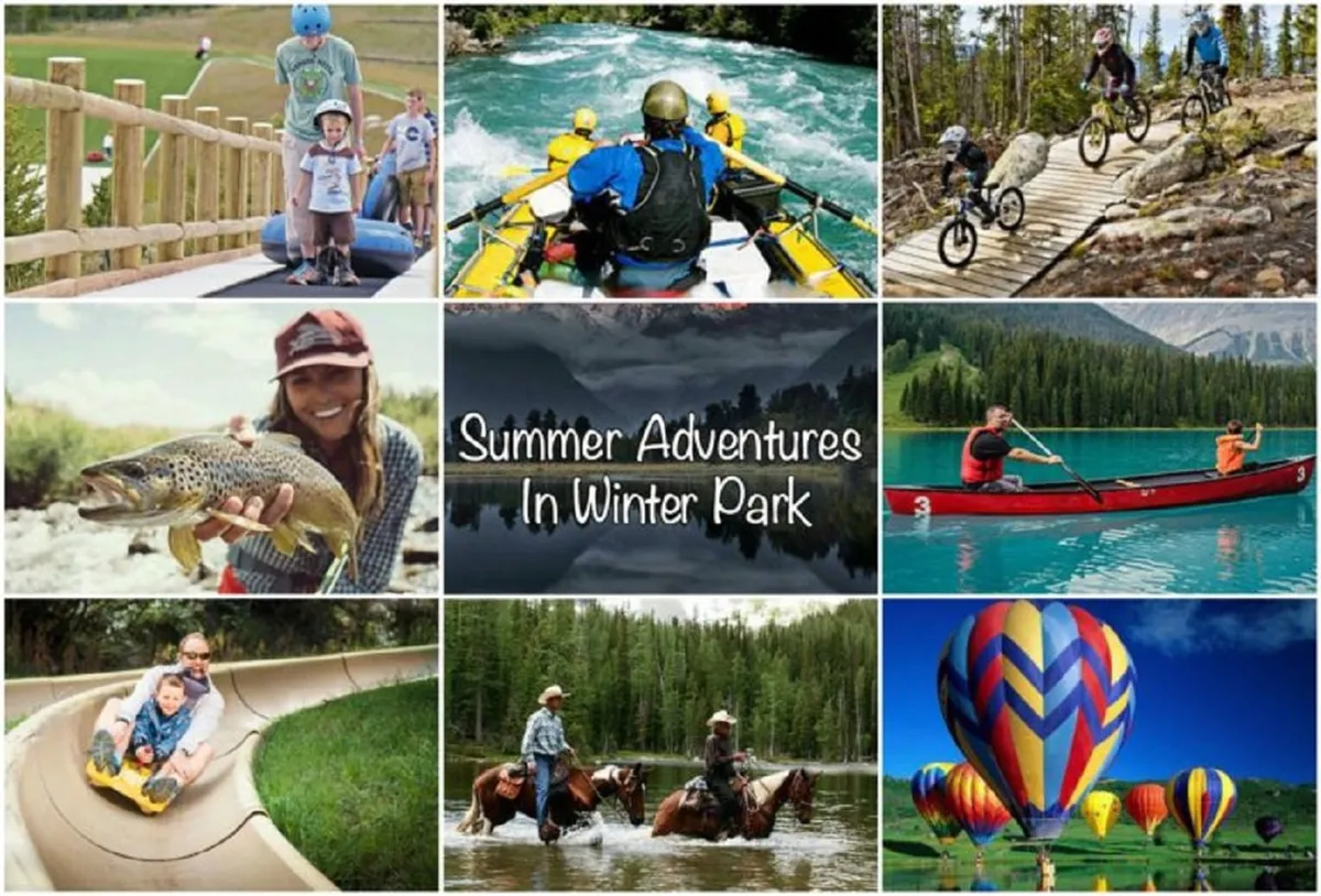 A vibrant outdoor scene with families participating in a variety of exciting activities: rafting on a river, mountain biking, fishing, kayaking, children playing on a slide, horseback riding, and colorful hot air balloons floating above. The backdrop features lush trees and scenic mountain views, conveying a joyful, active atmosphere.