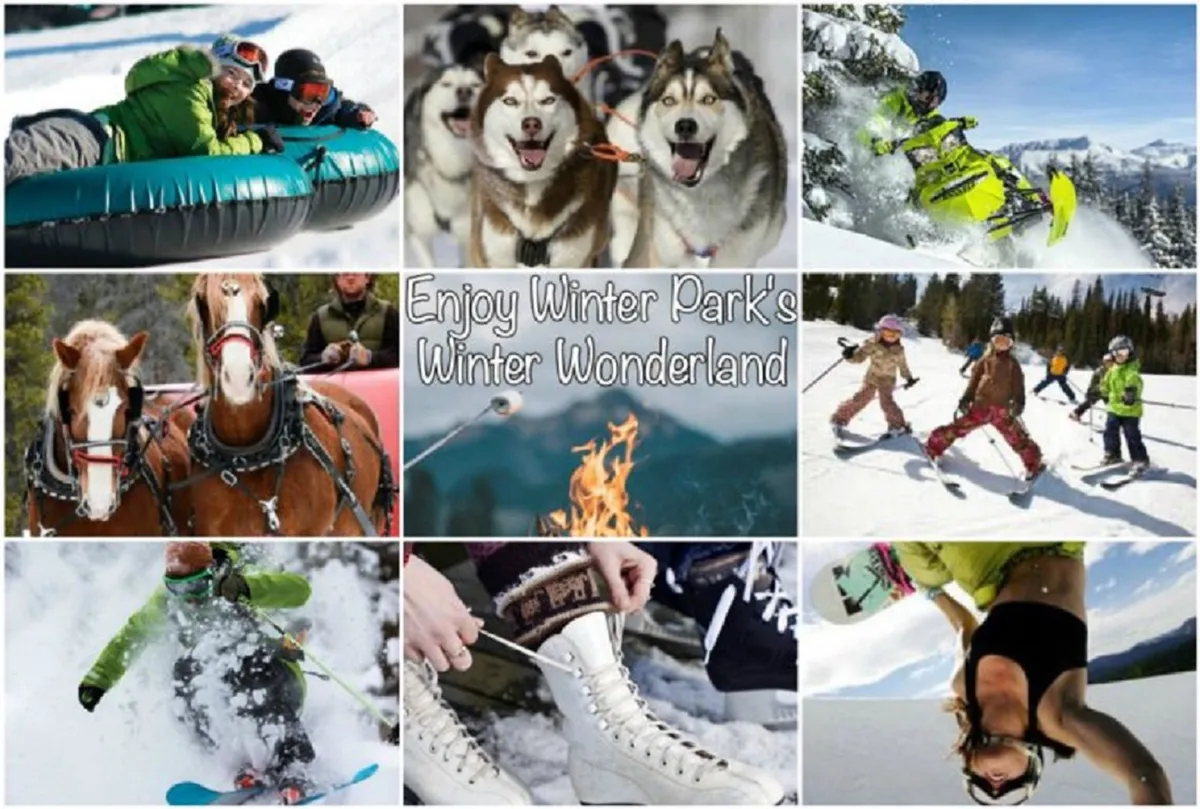 A lively interior scene bursting with action: people tubing down snowy slopes, dogs pulling sleds, children learning to ski, and others gathered around a cozy fire pit. The backdrop features snowboarding and ice skating, radiating an atmosphere of fun, family-friendly adventure, and camaraderie after a day outdoors.