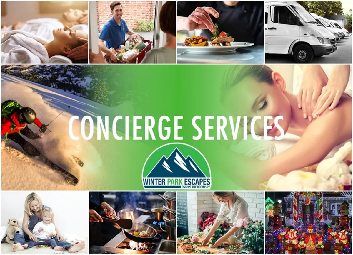 A vibrant collage of activities and amenities, featuring concierge services, food delivery, spa treatments, skiing, family gatherings, cooking, and festive holiday decorations. The image communicates a blend of in-home luxury and active engagement, with scenes that hint at both the comforts of the loft and the adventures found nearby.